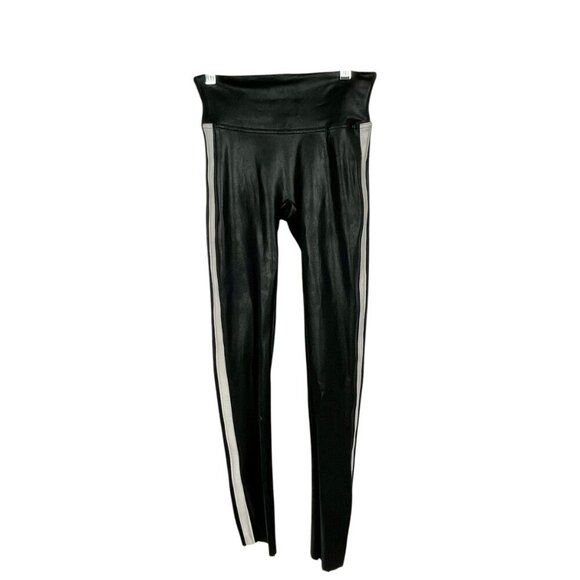 Spanx Faux Leather Racer Stripe Leggings Black Raw Hem XS Bodycon Workout Gym - Picture 4 of 11